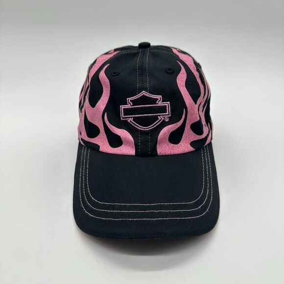 Y2K Pink Flame Harley Davidson Black Baseball Cap Hat Women's Glitter Adjustable - Picture 12 of 12